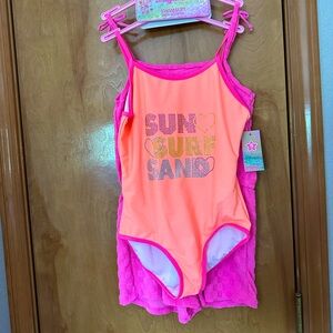 2 piece btween Pink Orange One Piece Swimsuit SUN SURF SAND sequins and romper